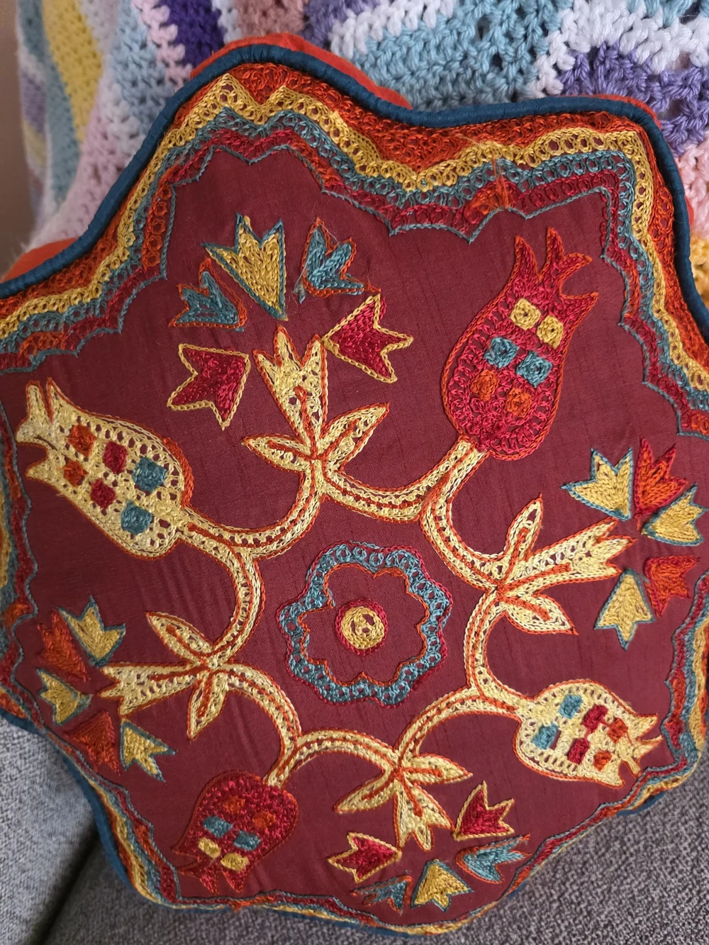 Vintage Red and Gold Embroidered Floral Accent Pillow